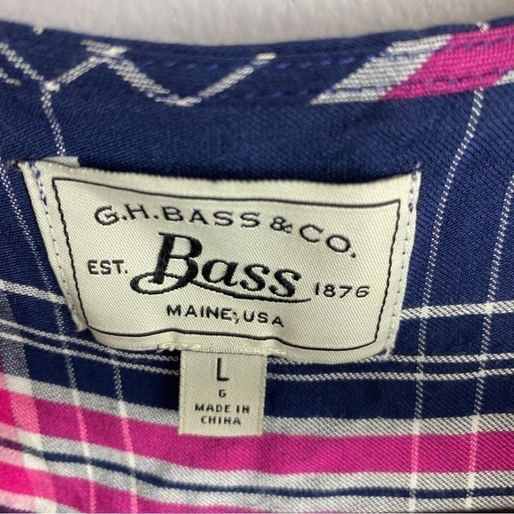 G.H. Bass Coastal Nautical Plaid Long Sleeve Lace Up Neck Blouse Large Blue Pink - Picture 7 of 9